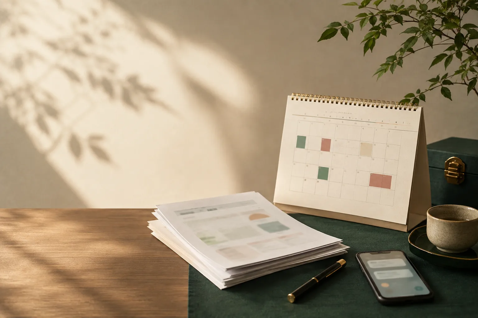 A calendar, reports and a phone arranged for long-term follow-up
