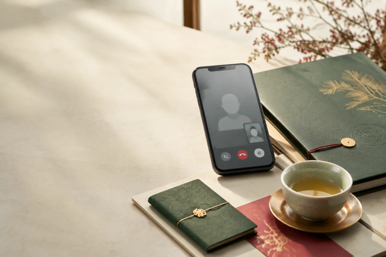 A calm care coordination desk with reports and a phone